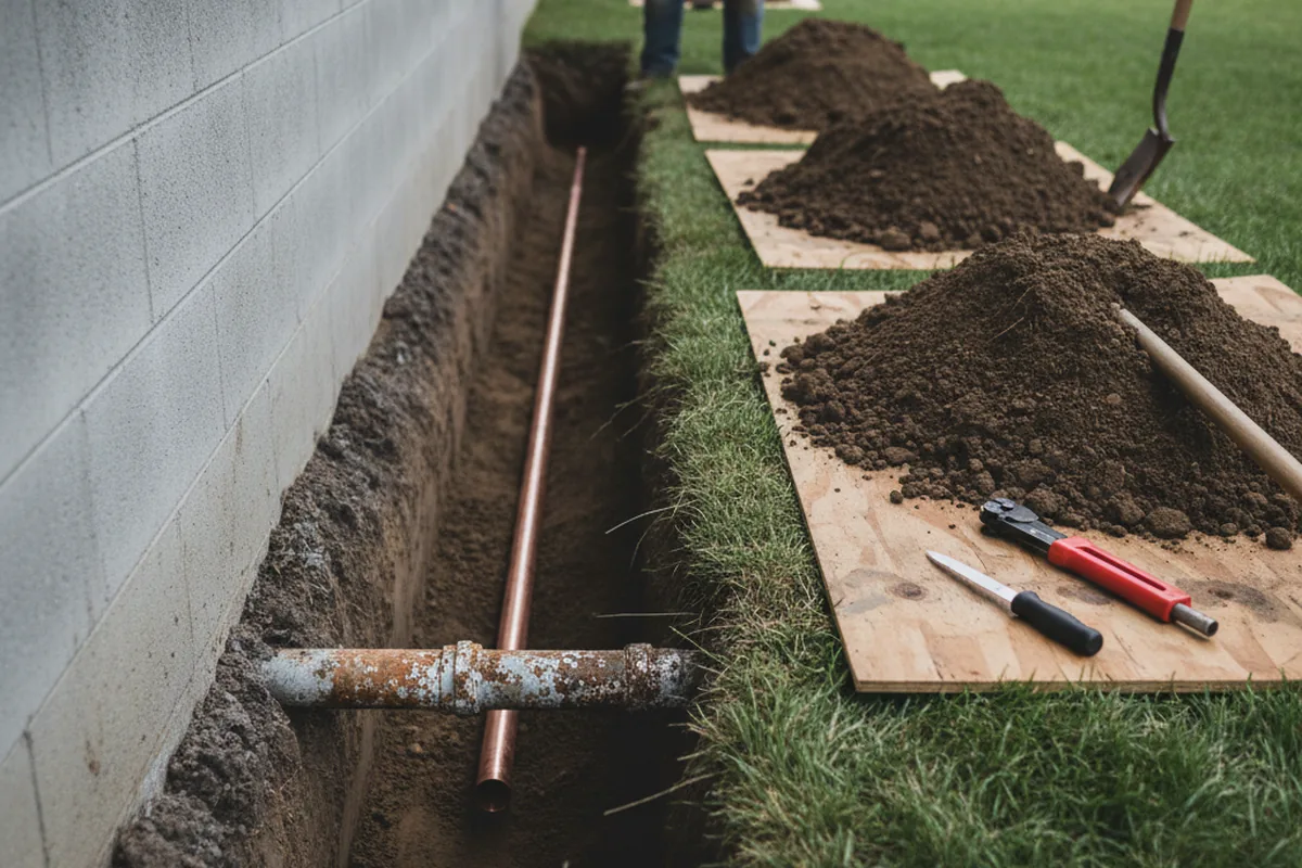 Excavated water line trench during Water Softener Installation in Chino Hills